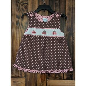 Three Mommas girls sz 8 Brown Pink Dot Smocked Purse Bag Tunic Top EUC
